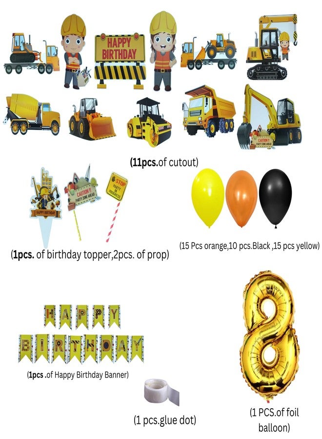 FI - FLICK IN 57 pcs Construction Theme Happy Birthday Decoration for Kids JCB Decorations Item for 8th Birthday Party with Vehicle Truck Cutout , Banner Balloons (Pack of 57 , Multicolor) - Image 2